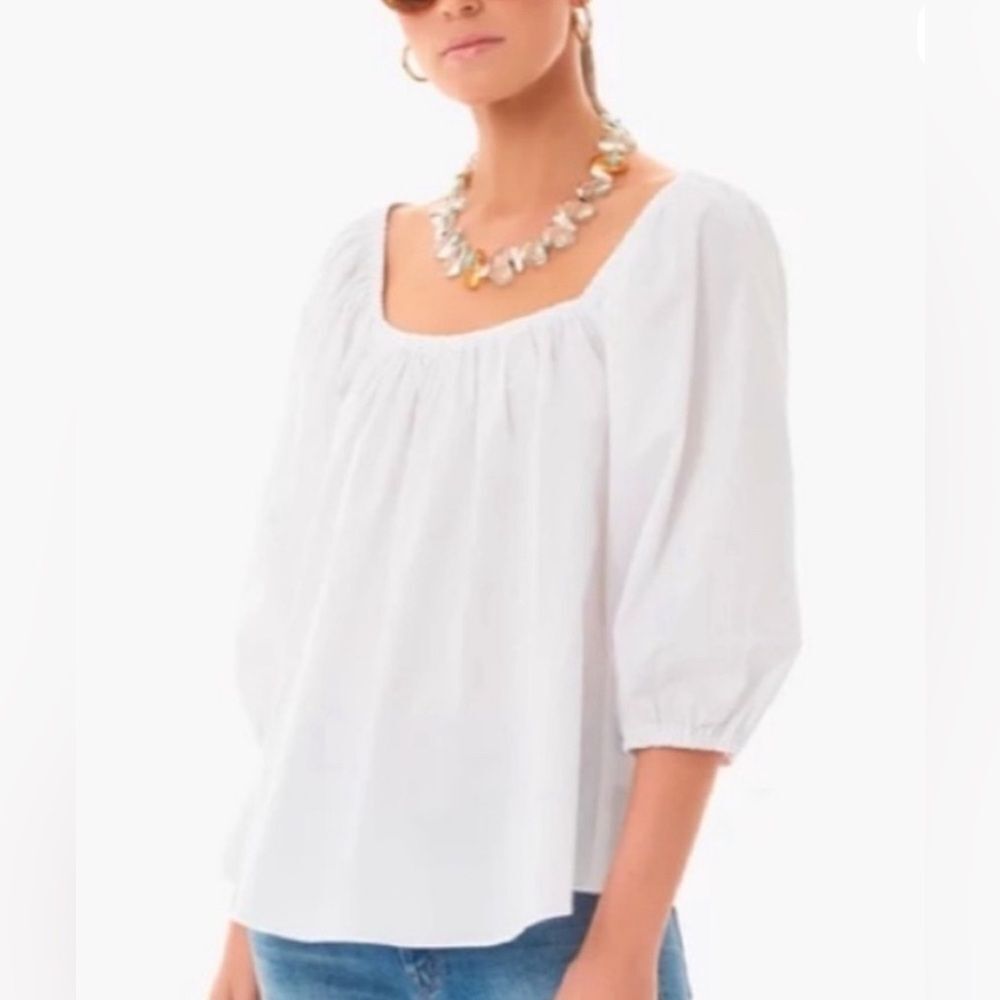Tuckernuck Pomander Place White Brooks Square Neck Blouse 3/4 Sleeve Size XS